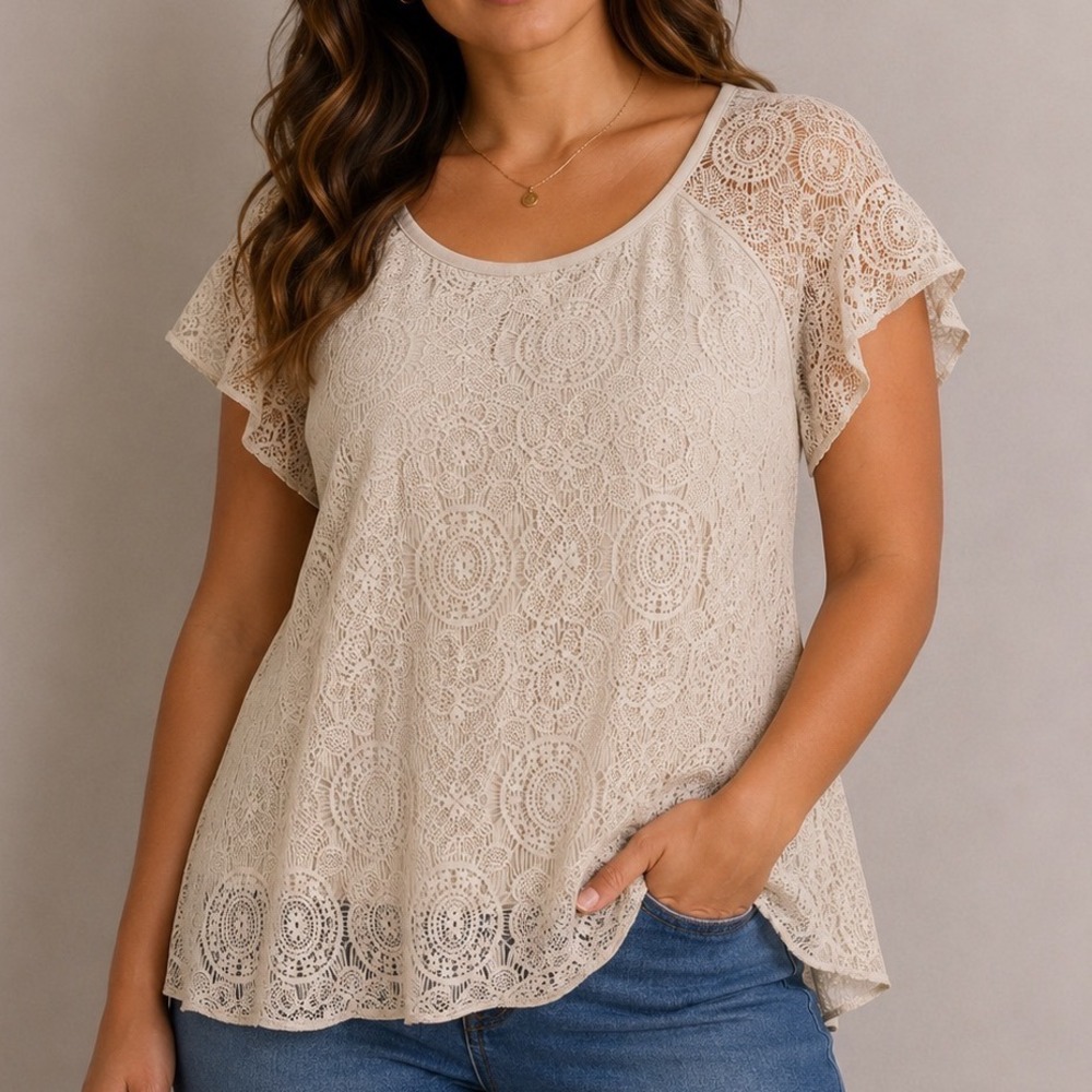 Ivory Lace Blouse Medium Romantic Boho Flutter Sleeve Crochet Cottagecore Top